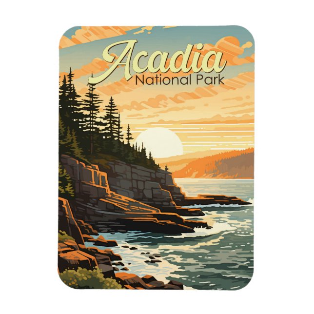 Imán Parque nacional Acadia Ilustracion Retro (Vertical)