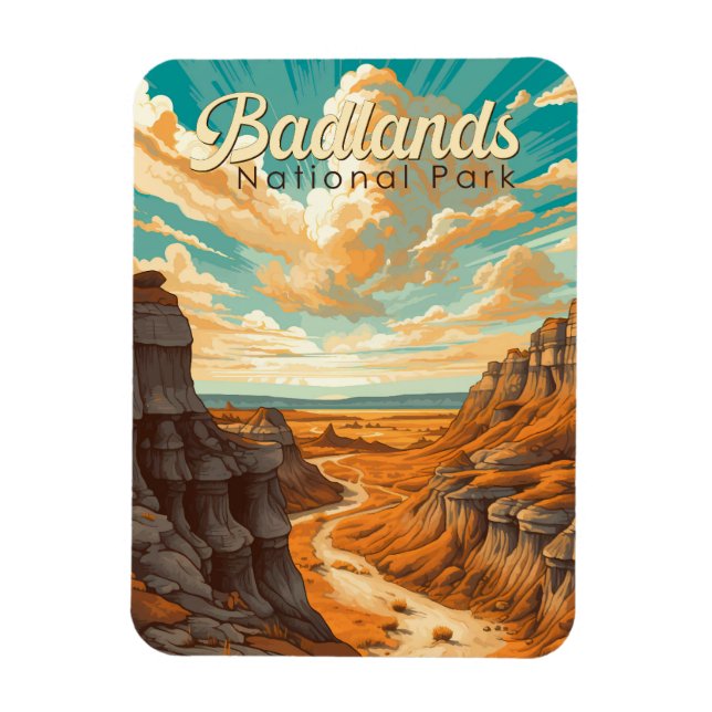 Imán Parque nacional Badlands Ilustracion Retro (Vertical)