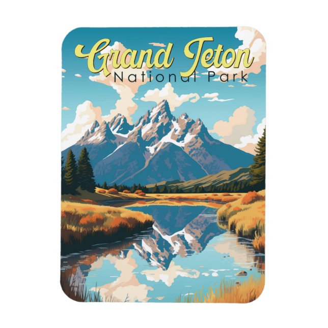 Imán Parque nacional Gran Teton Ilustracion Retro (Vertical)