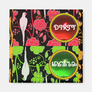 IMÁN PARROS ART DECO, FLORES VERDES ROJAS SUAVES LIMPIA
