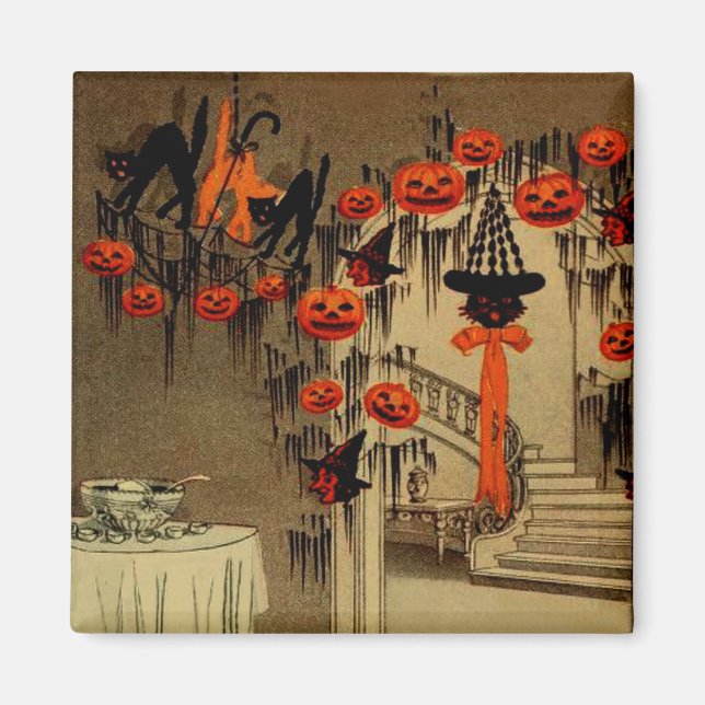 Imán Partido Halloween Jack O Lantern Pumpkin Black Cat (Frente)