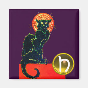 Imán PARTIDO NEGRO CAT HALLOWEEN MONOGRAM Púrpura