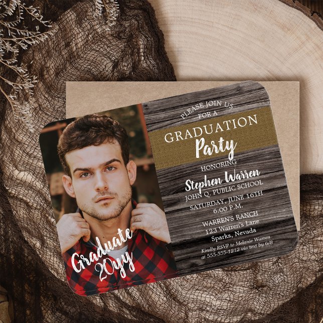 Imán Partido Rústico de Graduación de Fotografías de Wo (Rustic Woodsy Photo High School Graduation Party Invitation - Print | Download)