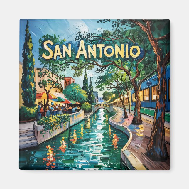 Imán Paseo del río de San Antonio Texas Van Gogh Ciudad (Frente)