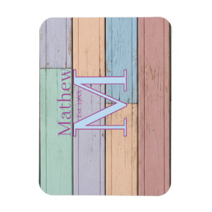 Imán pastel colorido madera rústico monograma año est.