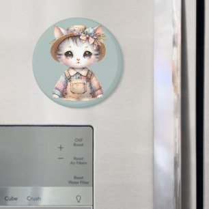 Imán Pastel Cottagecore Cat en overalls y Gorra de paja