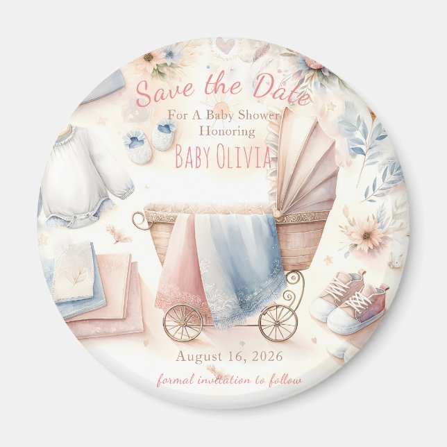 Imán Pastel de Baby Shower Save The Date (Frente)