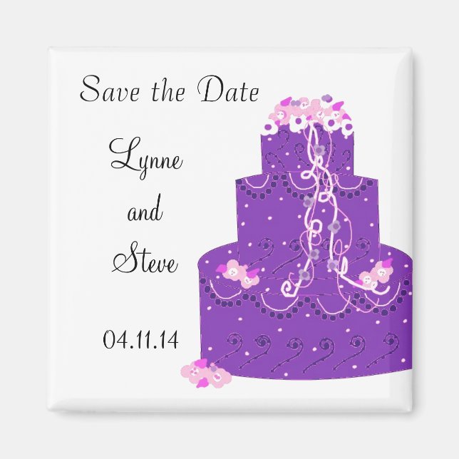 Imán Pastel de Boda Morado Guardar la Fecha (Frente)