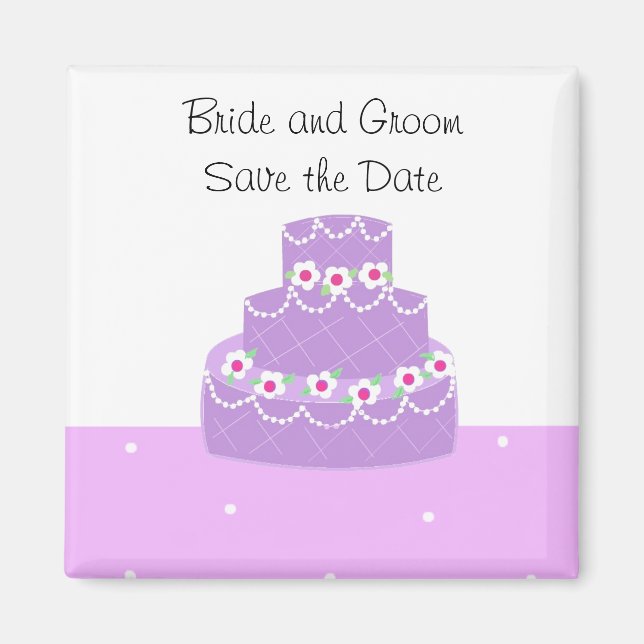 Imán Pastel de Boda Morado Guardar la Fecha (Frente)
