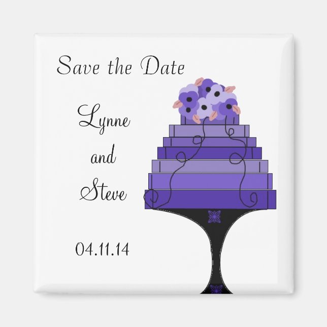 Imán Pastel de Boda Morado Guardar la Fecha (Frente)