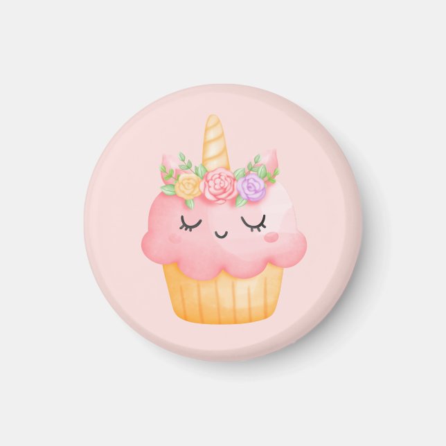 Imán Pastel rosa dulce Unicornio con Rosas (Frente)