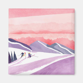 Imán Pastel Watercolor Ski Mountain Sunset