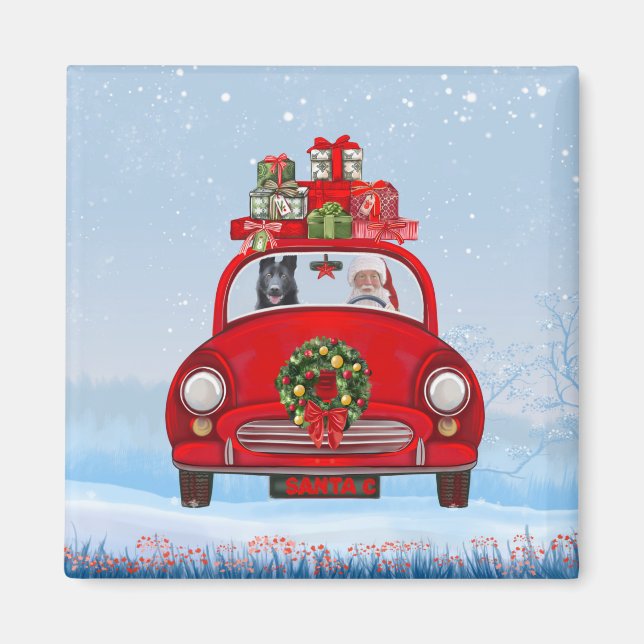 Imán Pastor Alemán Negro En Coche Con Santa Claus (Frente)