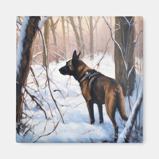 Imán Pastor Belga Malinois Deja que nieve Navidad (Frente)
