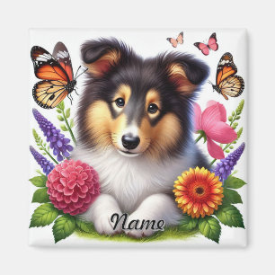 Imán Pastor de Shetland con Flores y Mariposas
