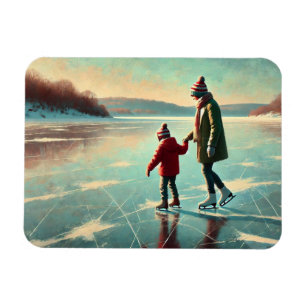 Imán Patinaje sobre hielo madre e hijo en un lago helad