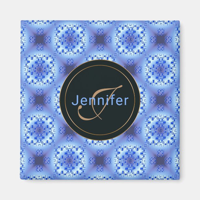 Imán patrón azul geométrico abstracto étnico. (Frente)