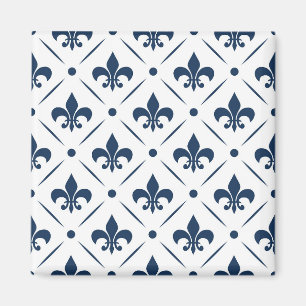 Imán Patrón azul oscuro Fleur De Lis sobre fondo blanco