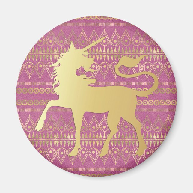 Imán Patrón bohemio dorado y rosa & Unicornio (Frente)