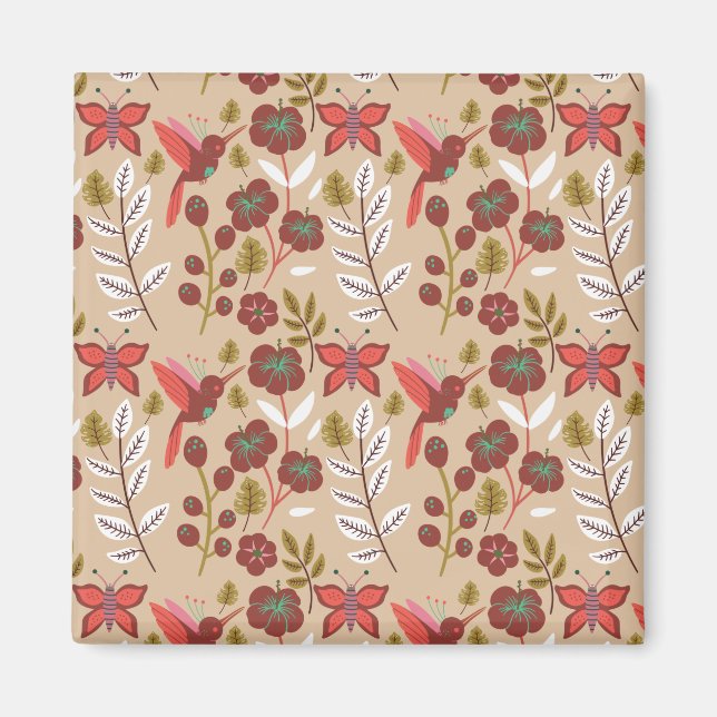 Imán Patrón continuo floral de flores, aves y mariposas (Frente)