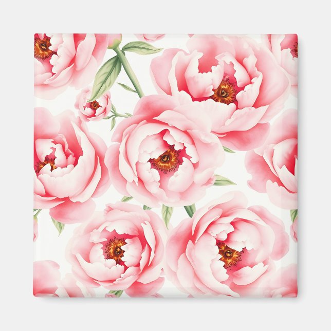 Imán Patrón de acuarela de flores de peonía rosadas (Frente)