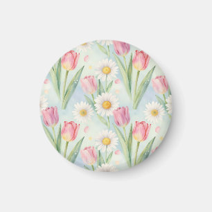 Imán Patrón de acuarela de primavera con tulipanes rosa