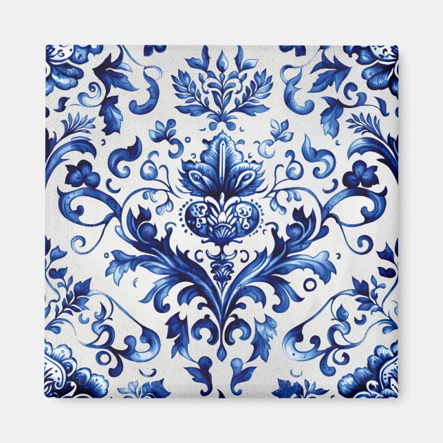 Imán Patrón de adorno floral de estilo Delft azul y bla (Frente)