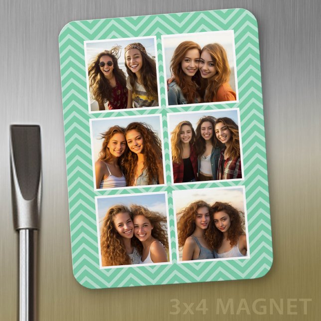 Imán Patrón de Chevron de Menta con Collage de 6 Fotos  (Personalized refrigerator magnet with photo collage and custom text - add 6 photos to this design)
