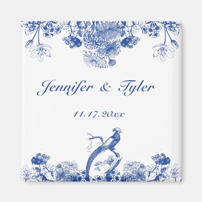 Imán Patrón de China floral azul y blanca con pájaro (Frente)