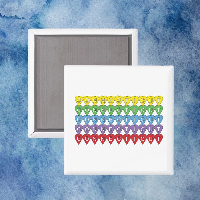 Imán Patrón de corazones arco iris de Connecticut (A fun magnet with a pattern of hearts that say Connecticut)