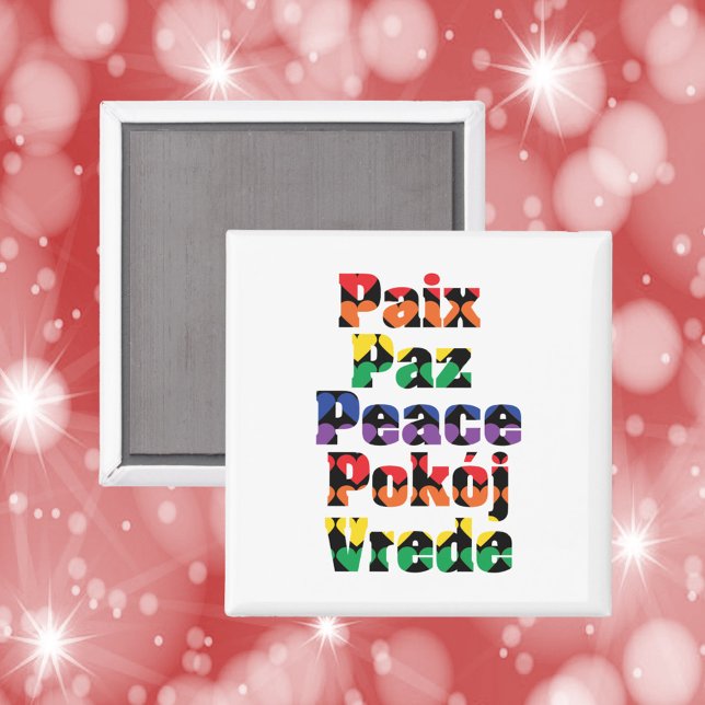 Imán Patrón de corazones arcoiris de paz (A magnet that says peace in French, Spanish, English, Polish and Dutch with a heart pattern.)
