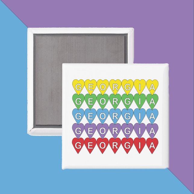 Imán Patrón de corazones de arcoíris de Georgia (A magnet that says Georgia inside yellow, green, blue, purple and red hearts.)