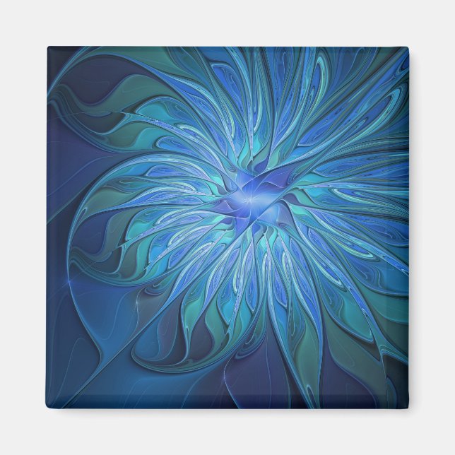 Imán Patrón de fantasía de flor azul, arte fractal abst (Frente)