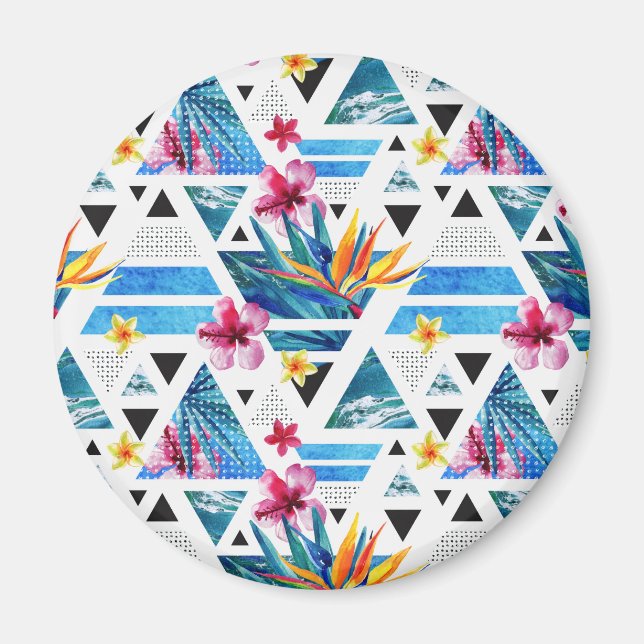 Imán Patrón de flores tropicales geométricas (Frente)