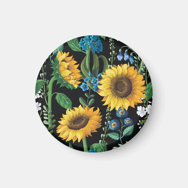 Imán Patrón de girasol de fondo negro (Frente)