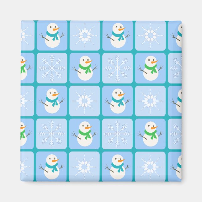 Imán Patrón de invierno de snowman y copos de nieve (Frente)