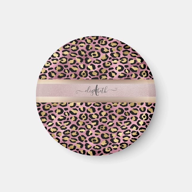 Imán Patrón de leopardo Monograma Rosa Dorado Negro    (Frente)