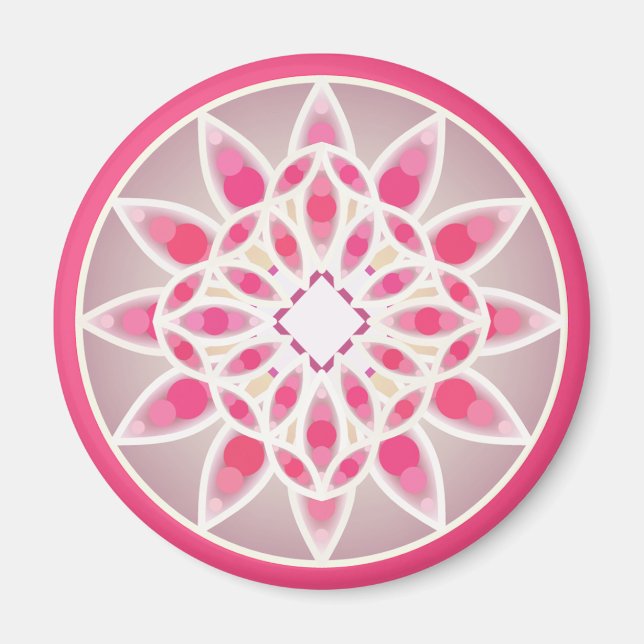 Imán Patrón de Mandala en rosa caliente, blanco y gris (Frente)