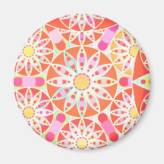 Imán Patrón de Mandala, rojo coral, rosa, dorado (Frente)