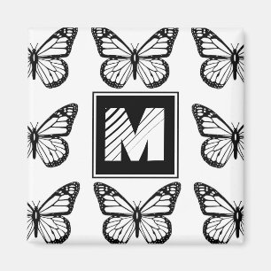 Imán Patrón de mariposa en blanco y negro con monograma