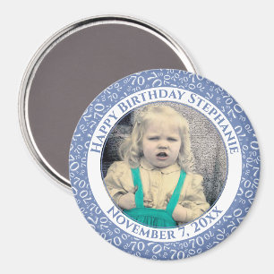 Imán Patrón de número aleatorio 70 cumpleaños azul/blan