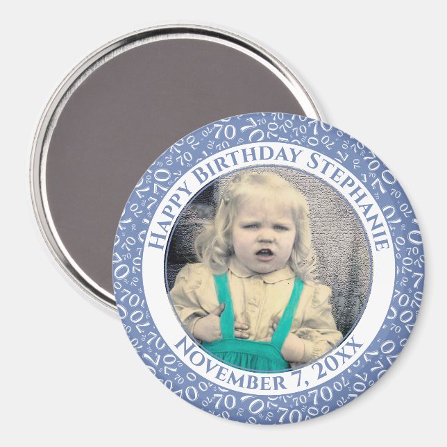 Imán Patrón de número aleatorio 70 cumpleaños azul/blan (Anverso/Reverso)
