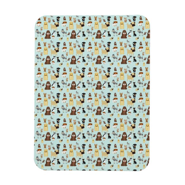 Imán patrón de perros de fondo azul claro. (Vertical)
