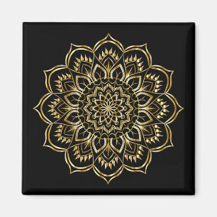 Imán Patrón elegante de Mandala floral dorada y negra
