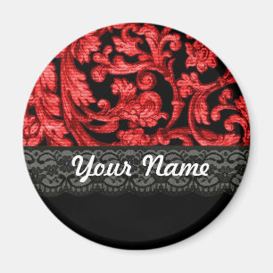 Imán Patrón floral de encaje negro y rojo