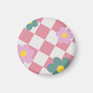 Imán Patrón floral de gingham rosa - Flor retro adorabl