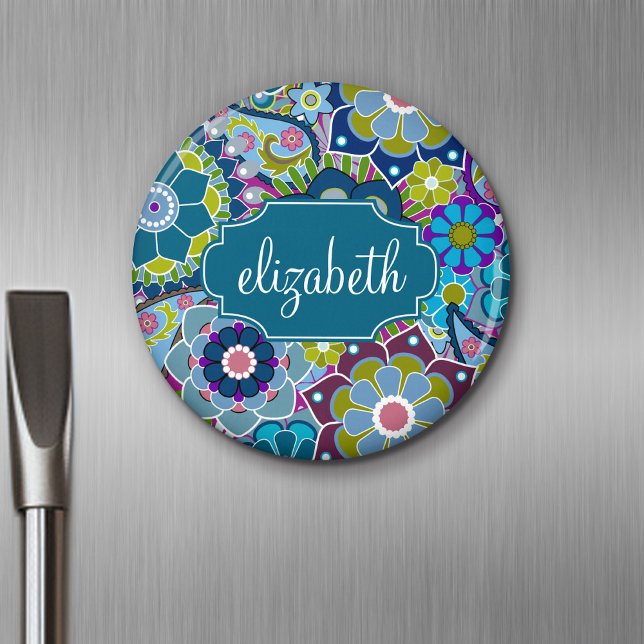 Imán Patrón floral funky con nombre personalizado (Personalized Fridge Magnet - Add Custom Text)