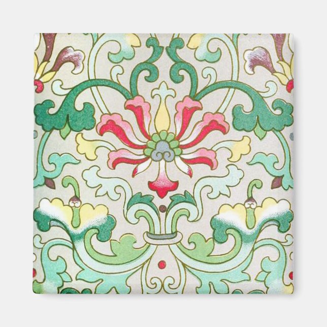 Imán Patrón floral oriental antiguo crema roja verde az (Frente)