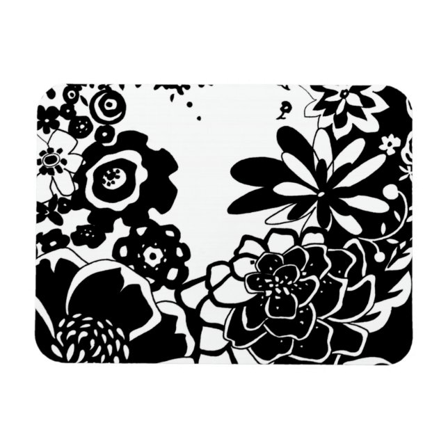 Imán Patrón gráfico de jardín floral blanco y negro (Horizontal)