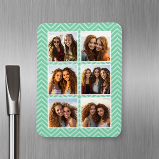 Imán Patrón Mint Chevron con Collage de fotos Trendy 6 (Personalized fridge magnet with photos and text)